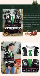 Close-up of crewneck sweatshirt featuring festive reindeer print and green tie design
