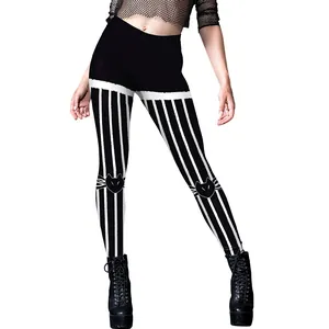 Gothic black and white striped Halloween leggings for women with cat face knee print