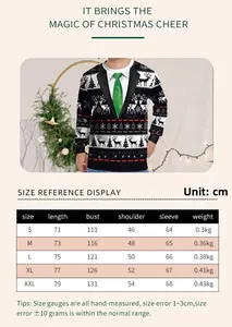 Size chart for Christmas digital print sweatshirt with detailed length and bust measurements