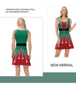 Front and back view of Christmas elf dress with striped cuffs and pom-poms