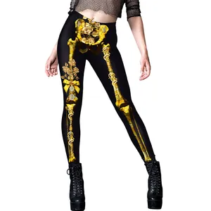Women Halloween high waist leggings with golden skeleton and yellow rose floral print