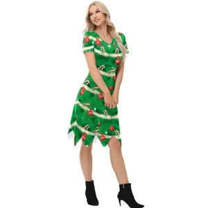 Women's Christmas Elf Costume Dress 3D Digital Print Irregular Jagged Hem V-Neck Short Sleeve Festive Holiday Party Wear