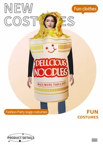 Close-up of funny cup noodle costume featuring red text and yellow foam noodle details