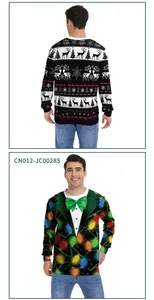 Front and back detail of a Christmas sweatshirt with reindeer, snowflake and light prints