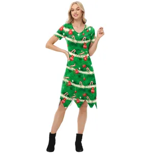 Christmas dress with green Xmas tree print, candy cane patterns and irregular jagged hemline