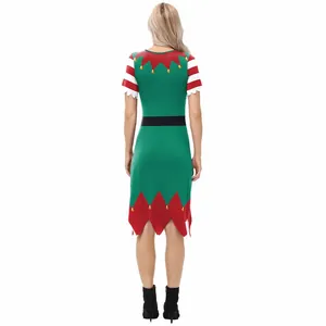 Women's Christmas elf costume dress with festive candy cane sleeves and bells