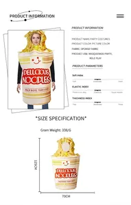 Size chart showing 125x70cm dimensions for the noodle cup costume with sponge fabric details