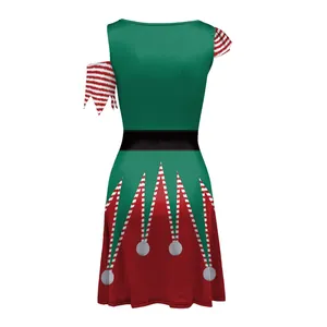 Christmas elf costume dress for women with red and green festive colors back view