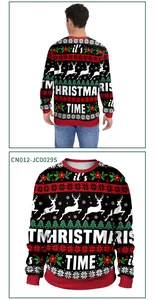 Close-up of Christmas sweatshirt showing reindeer patterns and ribbed red cuffs