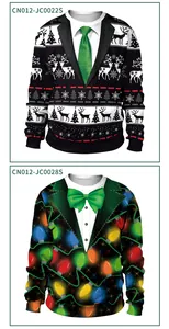Detail view of digital prints on Christmas sweatshirts featuring reindeer and lights