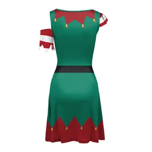 Back view of a Christmas elf dress featuring red and green sawtooth edges and bell prints