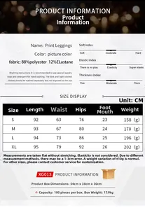 Size chart for Christmas digital print leggings showing S-XL dimensions and material details