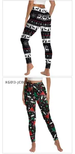 Detailed view of Christmas themed leggings with elk, snowflake and holiday patterns