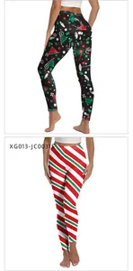 Detail view of high waist Christmas leggings with martini and stripe prints for women