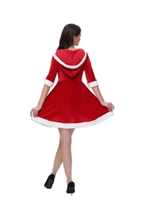 Abito natalizio in velluto con cappuccio da donna e bordo in ecopelliccia bianca