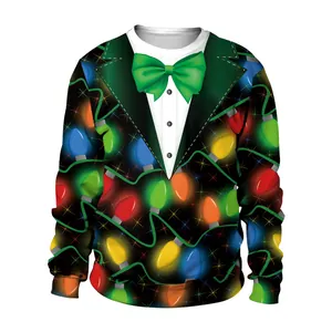 Christmas sweatshirt with funny 3D green suit and colorful festive lights print