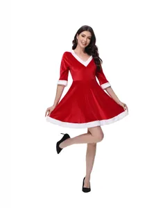 Vestito natalizio da donna in velluto rosso con cappuccio e bordo in finta pelliccia