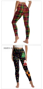 Detailed views of festive Christmas pattern leggings with elastic high waist fit