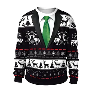 Funny Christmas sweatshirt with 3D suit tie print and festive reindeer snowflake pattern