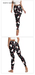 Front and back detail of high-waist Christmas leggings with Santa and snowflake prints