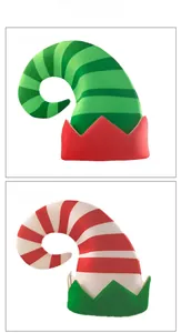 Detail view of striped Christmas elf hats in green and red festive patterns