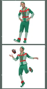 Close-up detail of male Christmas elf costume with striped sleeves and pointed hat