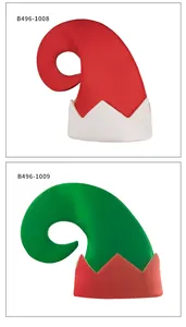 Vertical layout of festive striped elf hats with curled tops in red and green colors