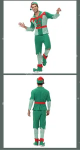 Detail of 6-piece Christmas elf costume set with striped socks and festive green tunic