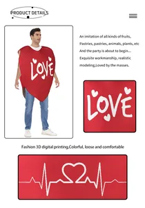 Detail of 3D printed LOVE lettering and heart motif on a red foam party costume