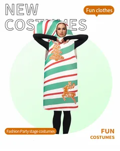 Adult striped Christmas umbrella cane costume with festive tree and reindeer patterns