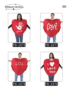 Detail showing four red heart-shaped costume designs with white themed graphic prints