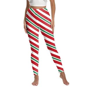 Women's Christmas candy cane striped leggings with high elastic slim fit for yoga