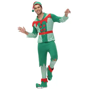Adult Christmas elf costume set featuring green top with red collar and striped sleeves