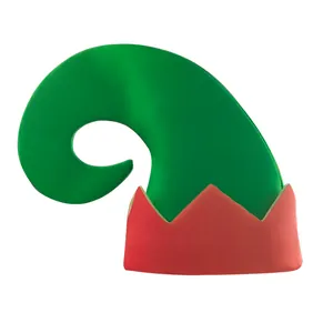 Christmas elf hat with red and green stripes and curled hook top on white background