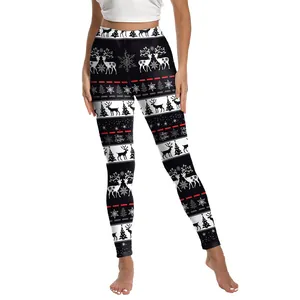 Women's Christmas print leggings with reindeer and snowflakes for holiday yoga fitness