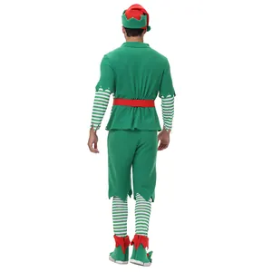Full back view of men's Christmas elf costume set with green tunic and striped stockings