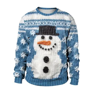 Blue and white knitted Christmas snowman sweater with round neck and 3D textured details