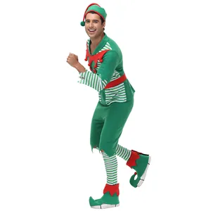 Men's Christmas elf costume set with striped socks and pointy hat on white background