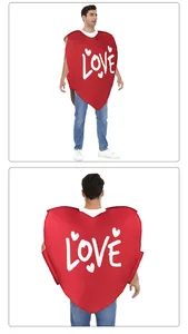 Detail view of red heart sponge tunic with white LOVE print for Valentine's Day costume
