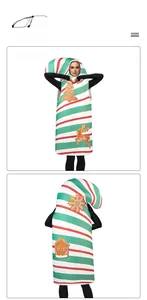 Front and back view of Christmas candy cane costume with gold reindeer and snowflake patterns