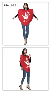 Detailed view of red heart sponge costume with white handprints and LOVE lettering