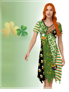 Detailed 3D clover leaf print and irregular hem on St. Patrick's Day dress