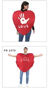 Detail of red heart-shaped costume with white LOVE print and heartbeat line design