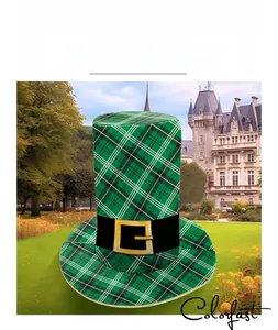 Close-up of St. Patrick's Day green plaid tall hat with black belt and golden buckle