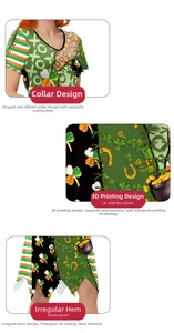 Detailed views of V-neck, 3D shamrock print, and irregular hemline on festive dress
