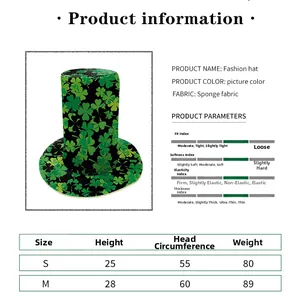 Size chart and technical specs for green St. Patrick's Day clover party hat