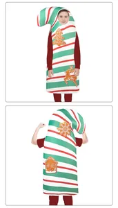 Front and back view of kids Christmas candy cane striped costume with holiday prints