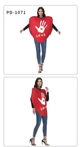 Detail of red heart sponge costume with white palm print and artistic LOVE lettering