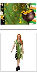 Detail view of St. Patrick's Day dress featuring clover leaf print and irregular hem design