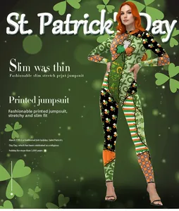 Detail of St. Patrick's Day slim fit jumpsuit with shamrock and horseshoe digital prints